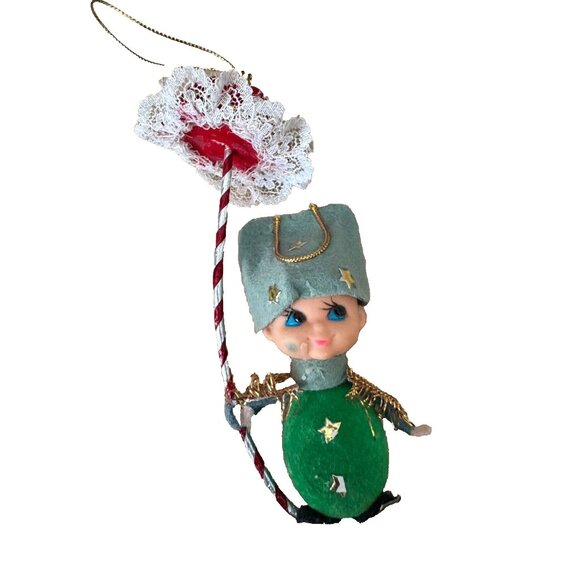 Vintage NAPCO Pixie Boy Christmas Ornament Holding Candy Cane Umbrella Green & R - Picture 1 of 10